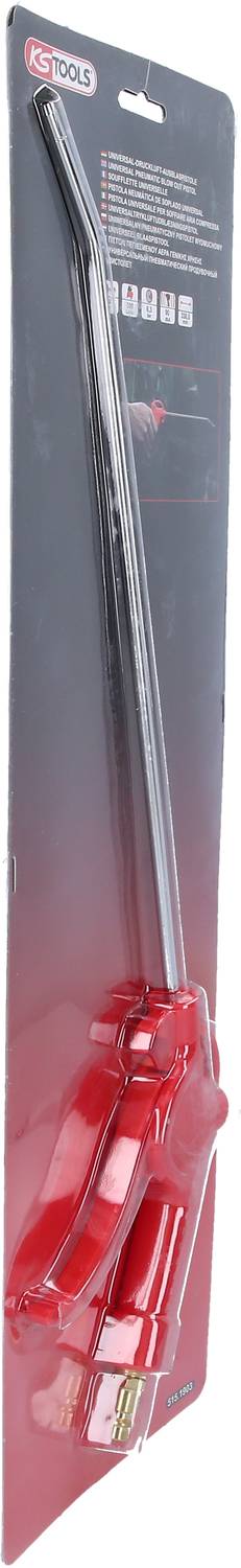 Eine rote Kartuschenpresse in ihrer Verpackung, geeignet für Dichtmittel und Klebstoffe. Enthält Hinweisaufkleber und Produktinformationen.