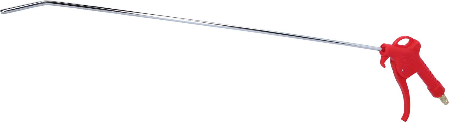 Eine lange Druckluftpistole mit rotem Griff und Metallrohr, das nach vorne zeigt.