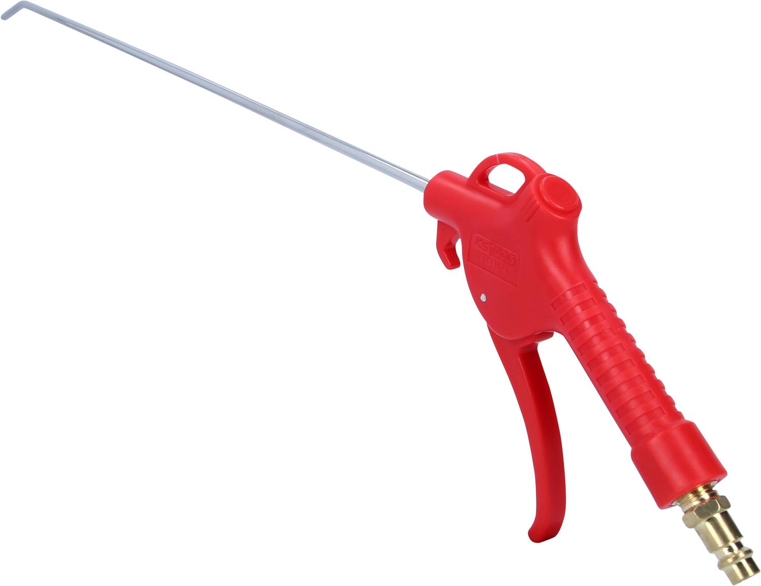 Druckluftpistole mit langem, schmalem Metallschlauch und rotem Kunststoffgriff, verwendet zum Reinigen schwer zugänglicher Stellen.
