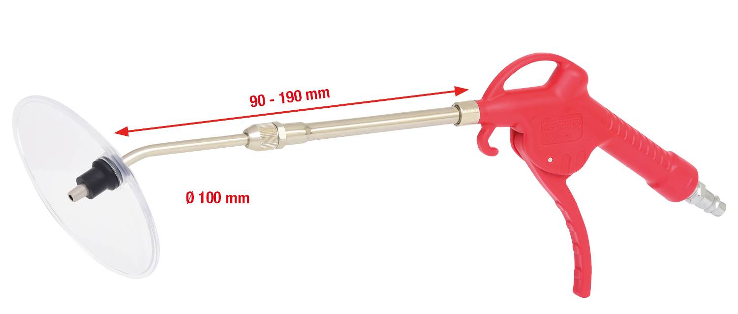 Rohrbiegemaschine mit rotem Griff, verstellbare Länge von 90-190 mm, Saugnapf mit Durchmesser 100 mm am Ende. Ideal für präzises Biegen.