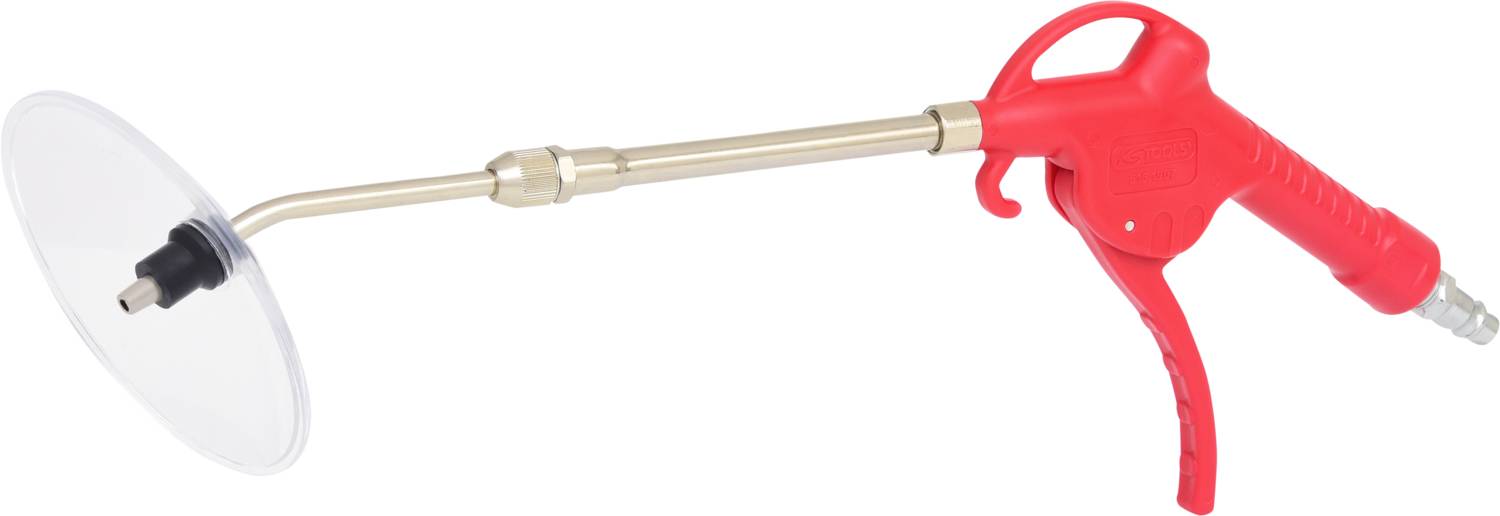 Roter Druckluft-Blaspistole mit langem Messing-Rohr und flacher Sprühdüse, verwendet zum Reinigen oder Trocknen von schwer zugänglichen Stellen.