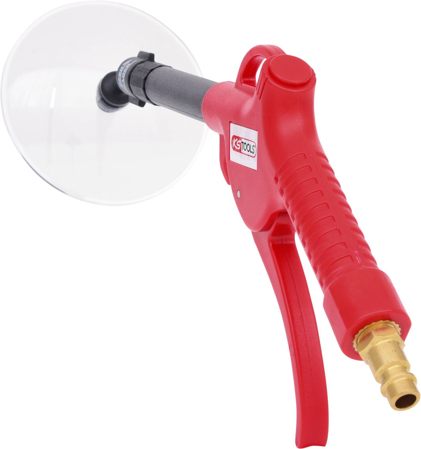 Ein roter Luftausblaspistole mit ergonomischem Griff und Messinganschluss, verwendet zur Reinigung oder Trocknen durch Hochdruckluft.