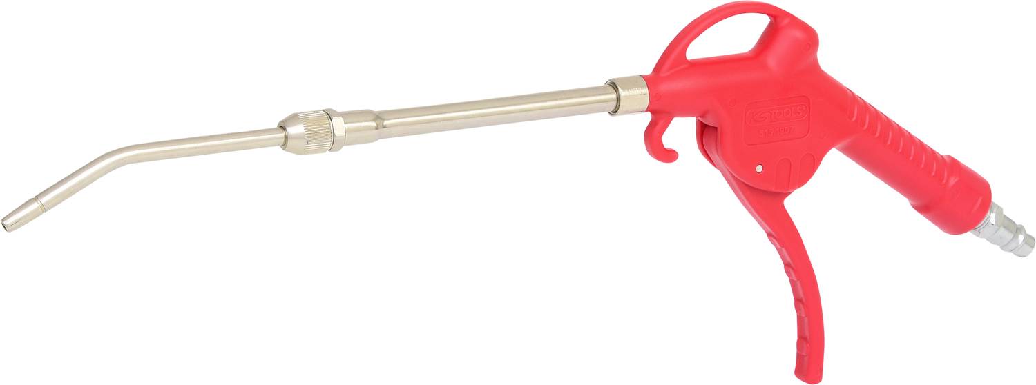 Rote Druckluftpistole mit langem, gebogenem Metallrohr und Handgriff zur gezielten Luftreinigung oder Trocknung von Oberflächen.