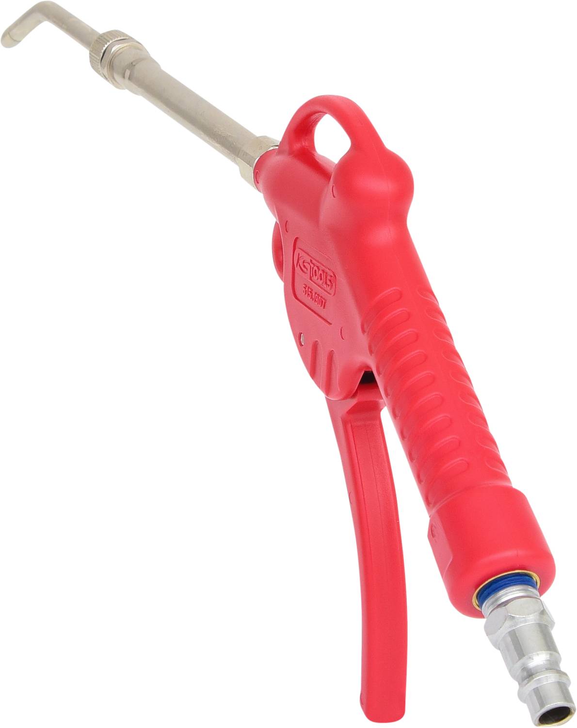 Rote Druckluftpistole mit langer, gebogener Düse und Griff. Verwendet für Reinigung oder Trocknung mit komprimierter Luft.