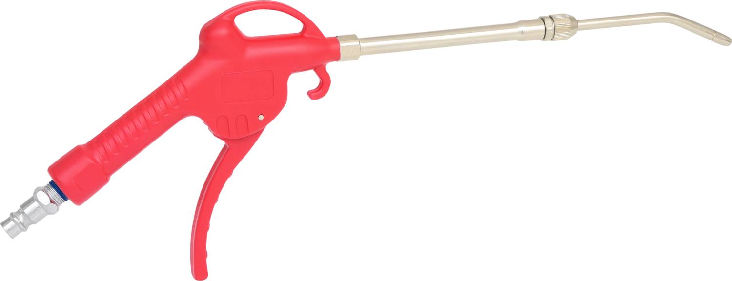 Rote Druckluftpistole mit langem Metallrohr und gebogener Spitze, geeignet für präzise Reinigungs- und Blasarbeiten.