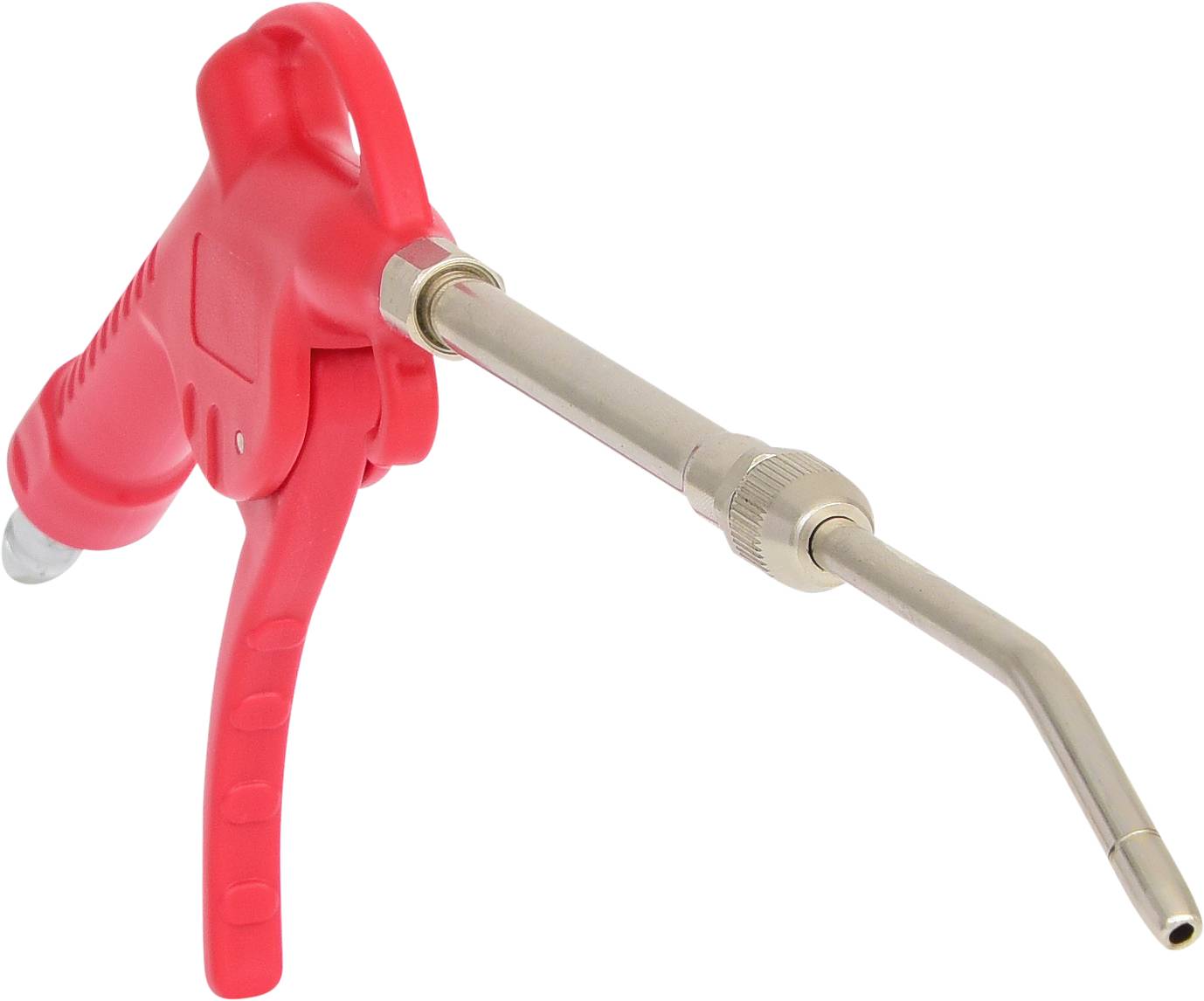 Rote Druckluftpistole mit ergonomischem Griff und langem Metallauslass.