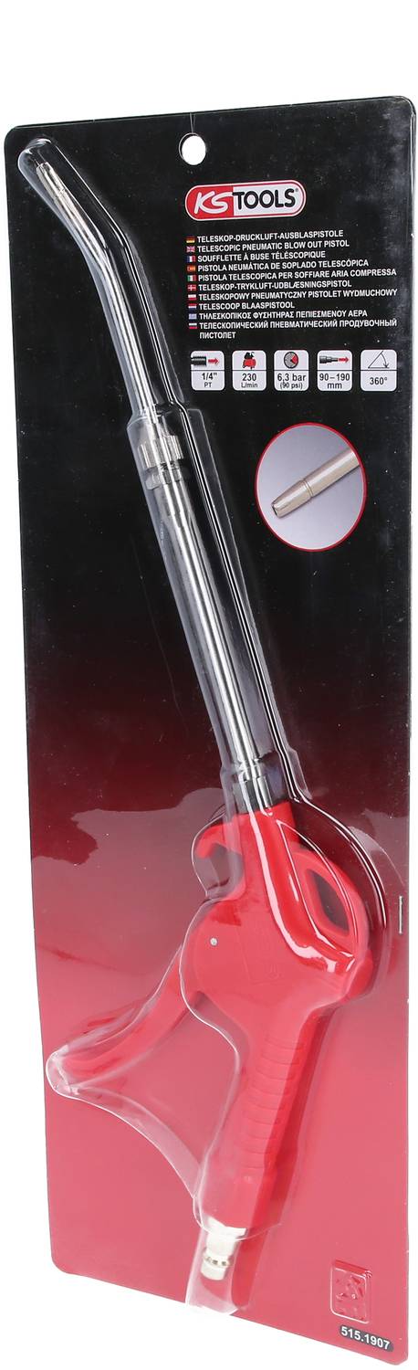 Druckluft-Ausblaspistole in roter Verpackung, von KS Tools, ideal zum Reinigen und Trocknen mit Druckluft, abgewinkelte Düse.