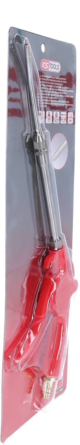 Eine rote Druckluft-Pistole mit langem, geradem Rohr. Verpackung zeigt Herstellerinfos und Symbole für verschiedene Anwendungen.