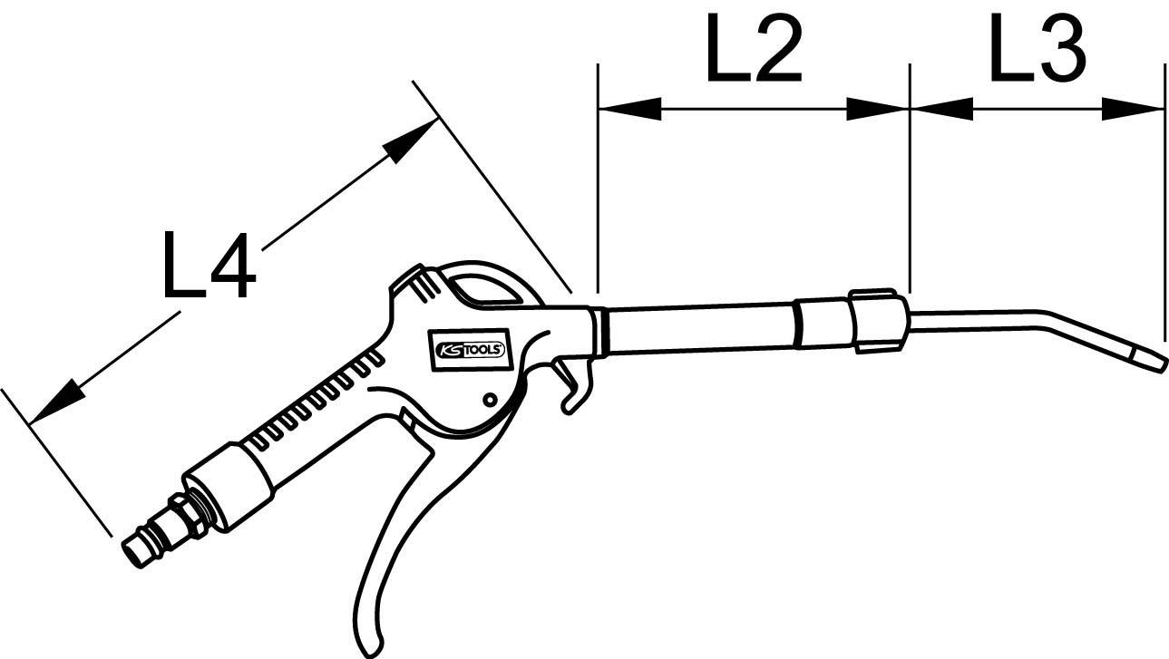Eine technische Zeichnung zeigt eine Druckluftpistole mit markierten Längen L2, L3 und L4.