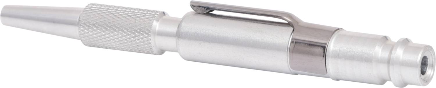 Metallischer Sicherheitsverschlussstift mit gerändeltem Griff und Clip, dient zur sicheren Aufbewahrung von Nadel-Applikationen.