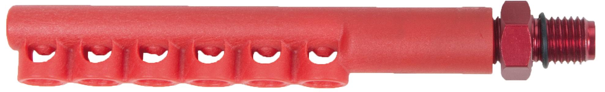 Rotes Kunststoffteil mit mehreren seitlichen Öffnungen und metallischem Anschlussgewinde rechts, möglicherweise ein Verteiler.