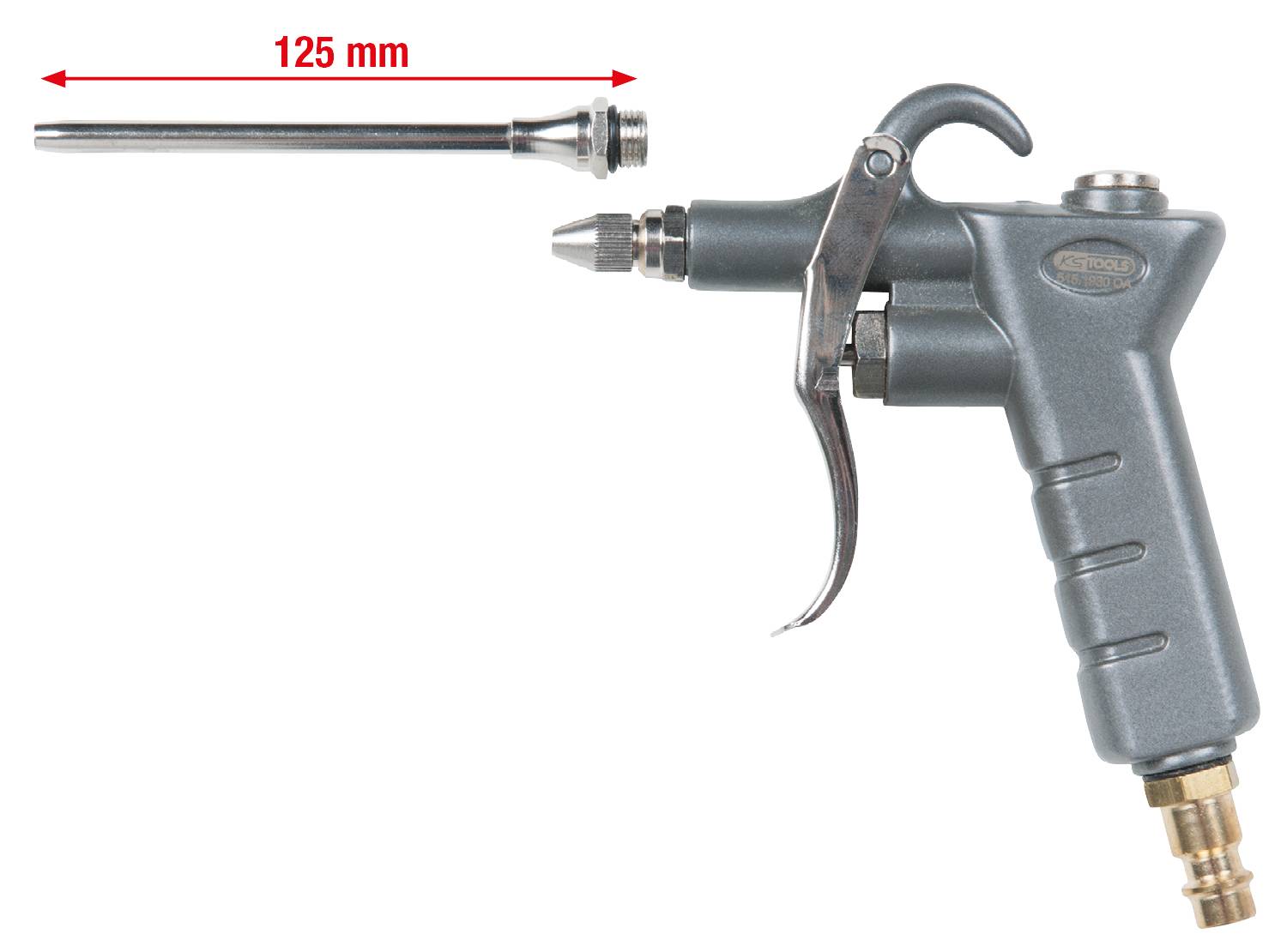 Druckluftpistole mit abnehmbarem Verlängerungsaufsatz, Länge des Aufsatzes 125 mm, Handgriff mit Abzugshebel.