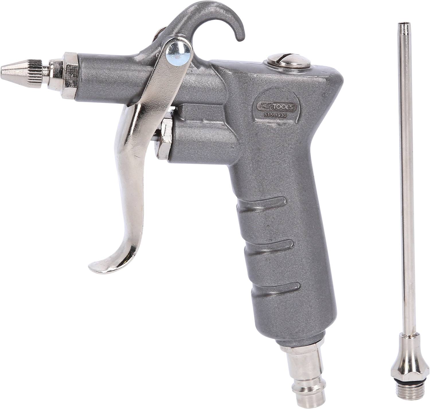 Druckluftpistole aus Metall mit langem Düsenaufsatz, genutzt zum Reinigen oder Entfernen von Staub in schwer zugänglichen Bereichen.