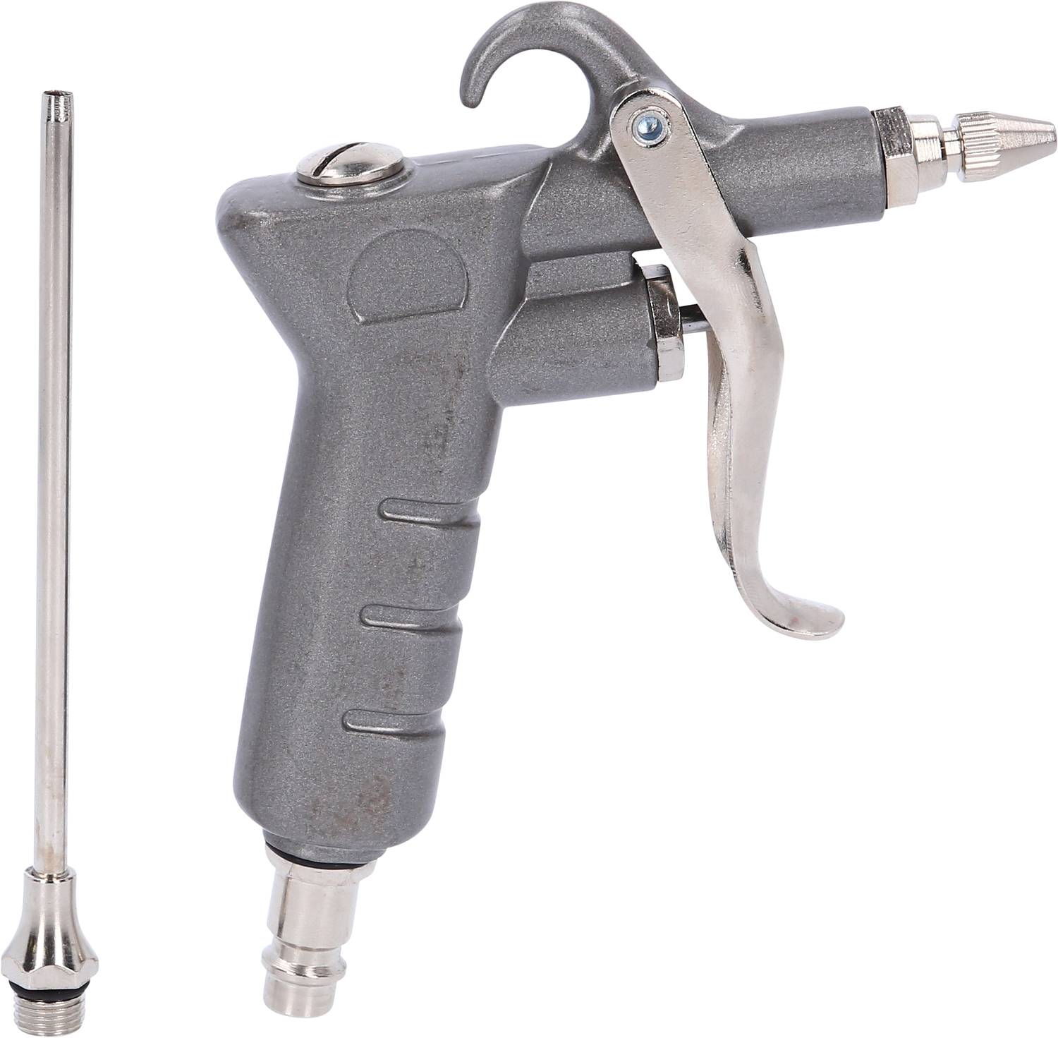 Eine graue Druckluftpistole mit langem, schlankem Düsenaufsatz, verwendet zur Reinigung oder für Arbeiten mit Druckluft im Handwerk.
