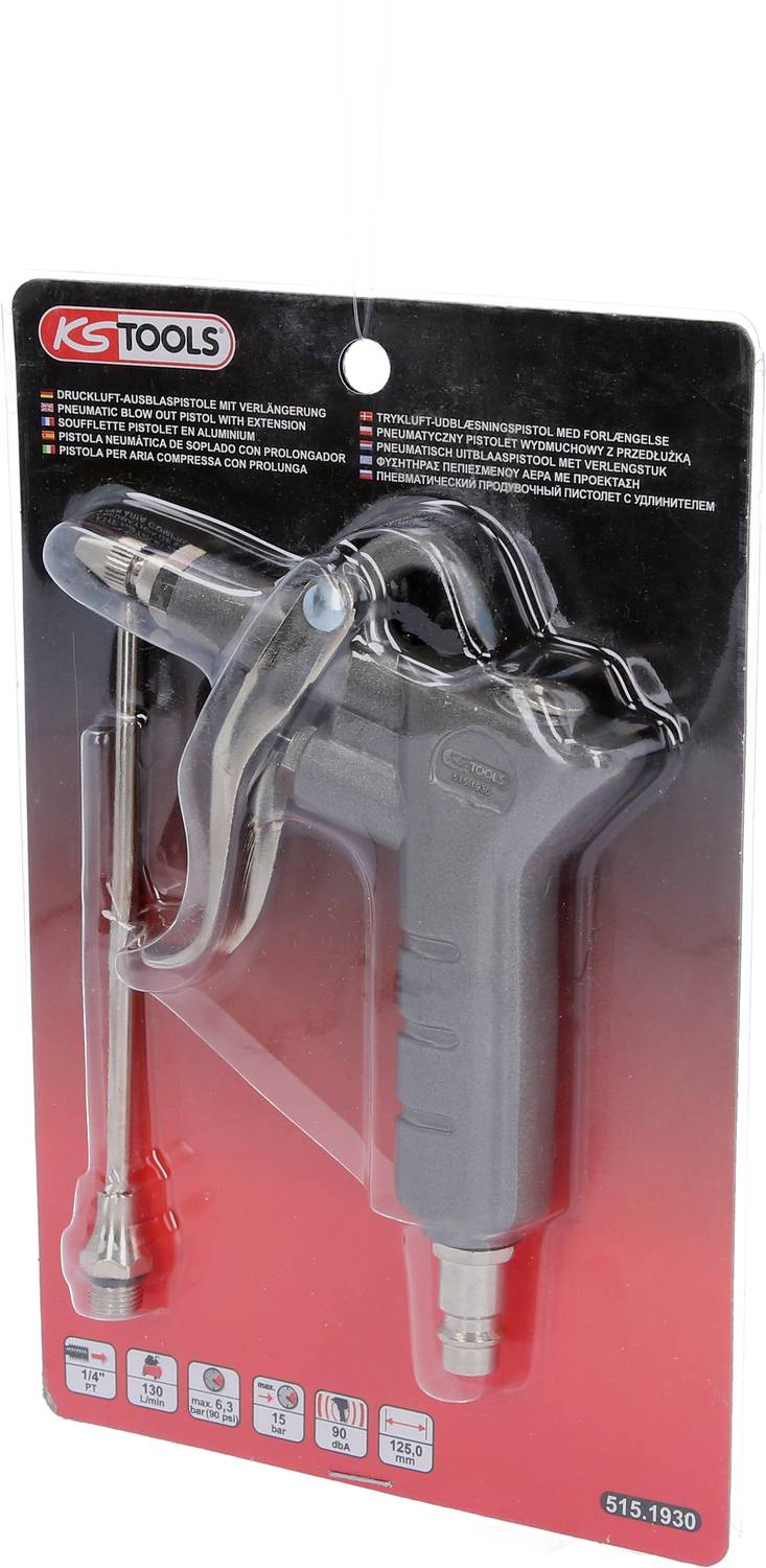 Verpackung zeigt eine graue Druckluftpistole von 'KS Tools' mit Zubehör, geeignet für vielfältige Anwendung in Werkstätten.