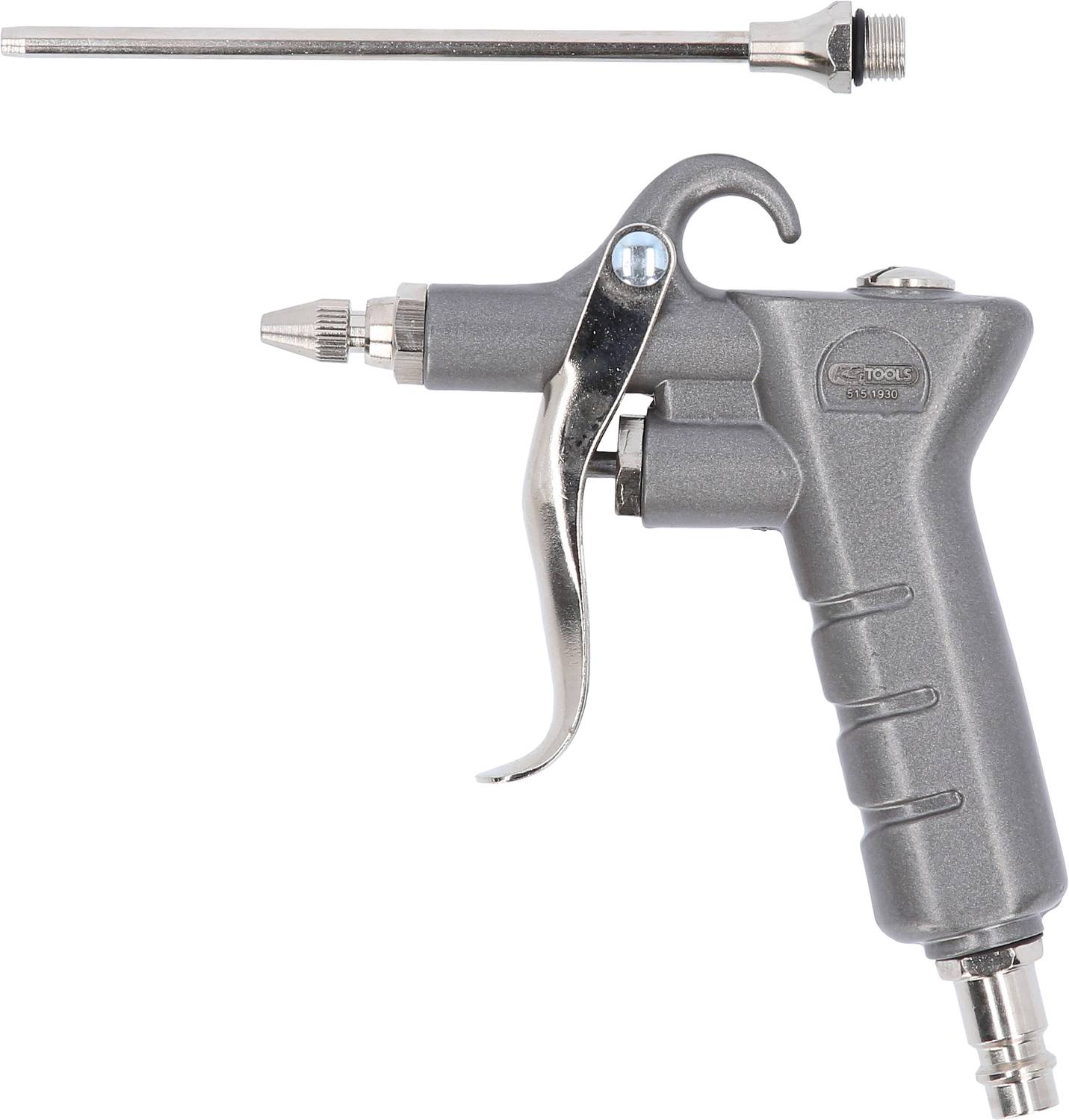 Druckluftpistole mit abnehmbarer langer Düse, graues Gehäuse, geeignet für präzises Reinigen oder Trocknen von Oberflächen.