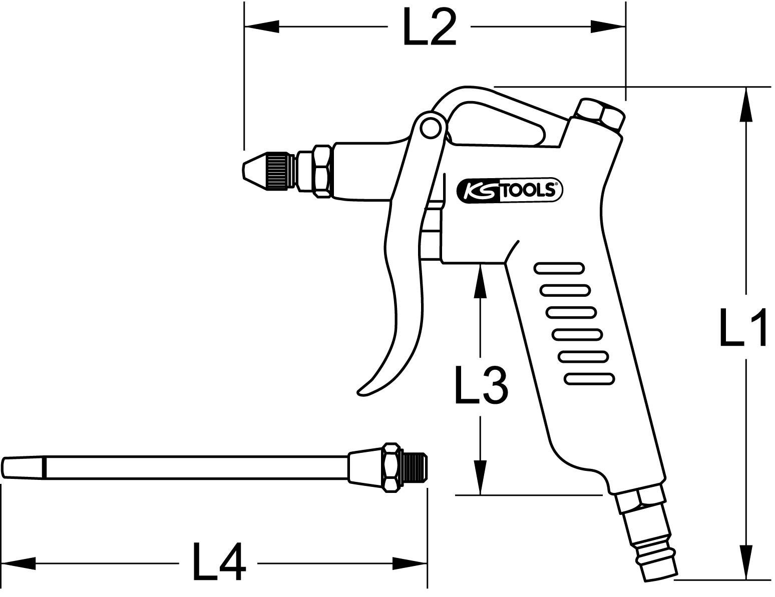 Technische Zeichnung einer Druckluftpistole mit Maßen L1, L2, L3 und L4. KS Tools Logo auf Pistole sichtbar. Separate Düse abgebildet.