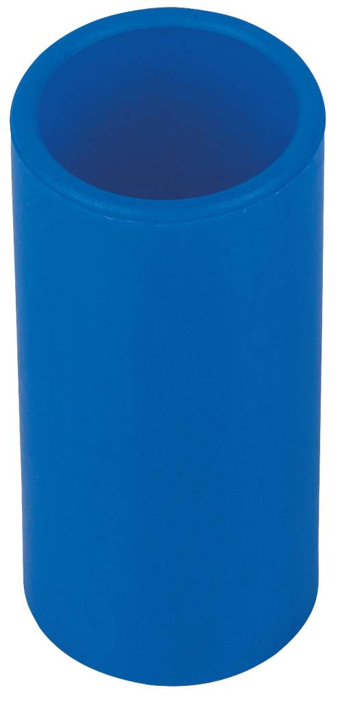 Ein blauer Kunststoffzylinder, vertikal stehend vor weißem Hintergrund.