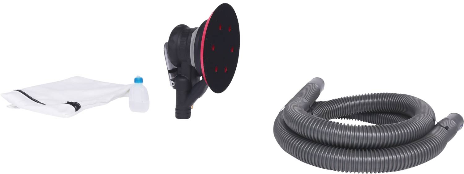 Schleifgerät-Set mit Schleifteller, Staubbeutel, Wasserkanister und flexiblem Schlauch. Geeignet für staubfreies Schleifen.