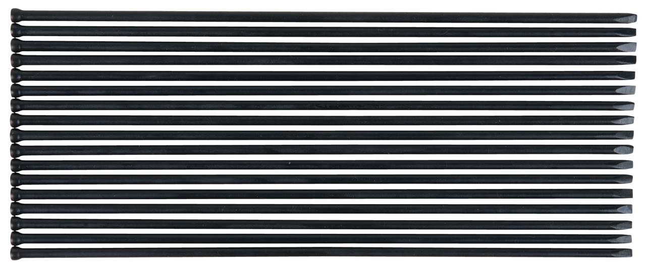 Schwarze Kabelbinder in Reihung angeordnet, alle gleichmäßig parallel ausgerichtet, auf weißem Hintergrund.