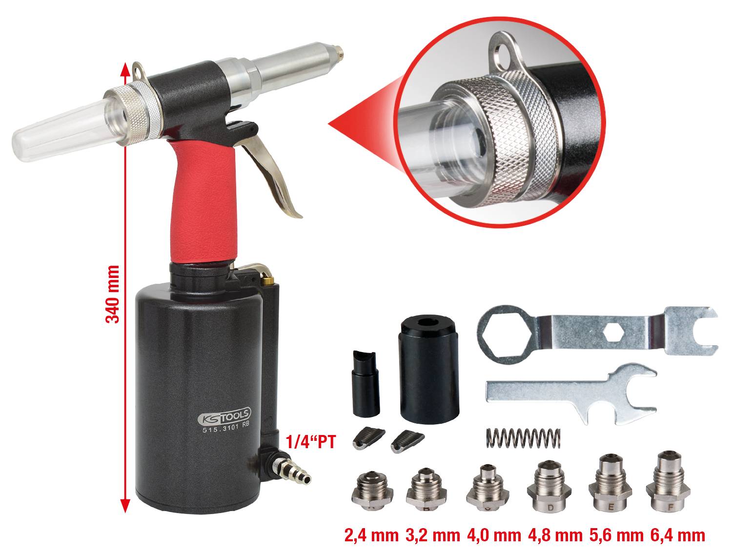 Druckluft-Hefter, 340 mm hoch, mit Zubehör: verschiedene Düsen, Werkzeug und Schnellanschluss. Ideal für industrielle Anwendungen.