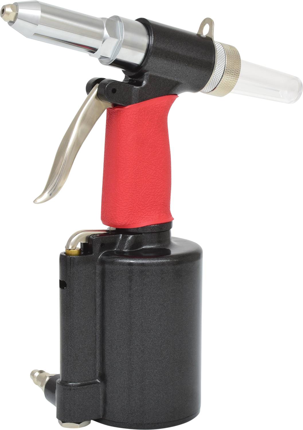 Luftdrucknietpistole mit rotem Griff und schwarzem Gehäuse, verwendet zum Setzen von Blindnieten in Metalloberflächen.