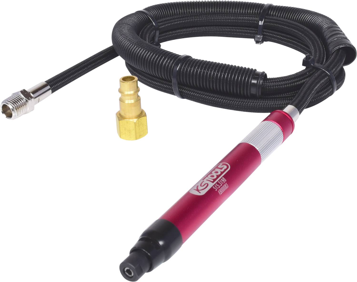 Luftbetriebener Stabschleifer mit rotem Gehäuse und flexiblem Schlauch. Geeignet für präzise Schleifarbeiten in Industrie und Handwerk.