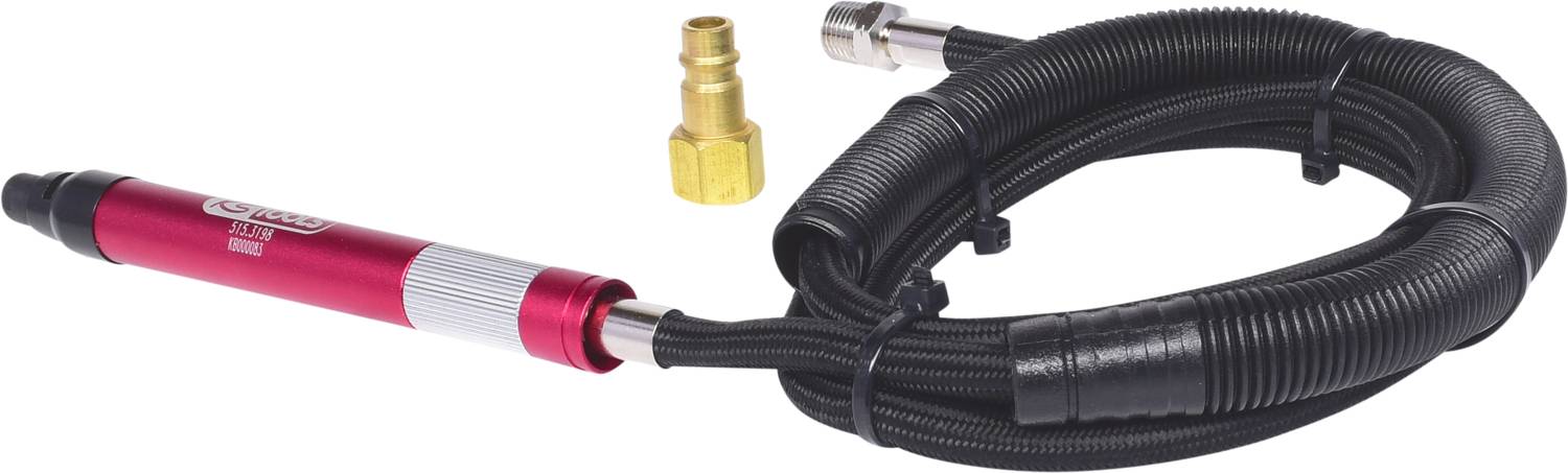 Ein roter pneumatischer Bohrstift mit schwarzem Schlauch und Metalladapter, verwendet für präzise Metall- oder Holzarbeit.