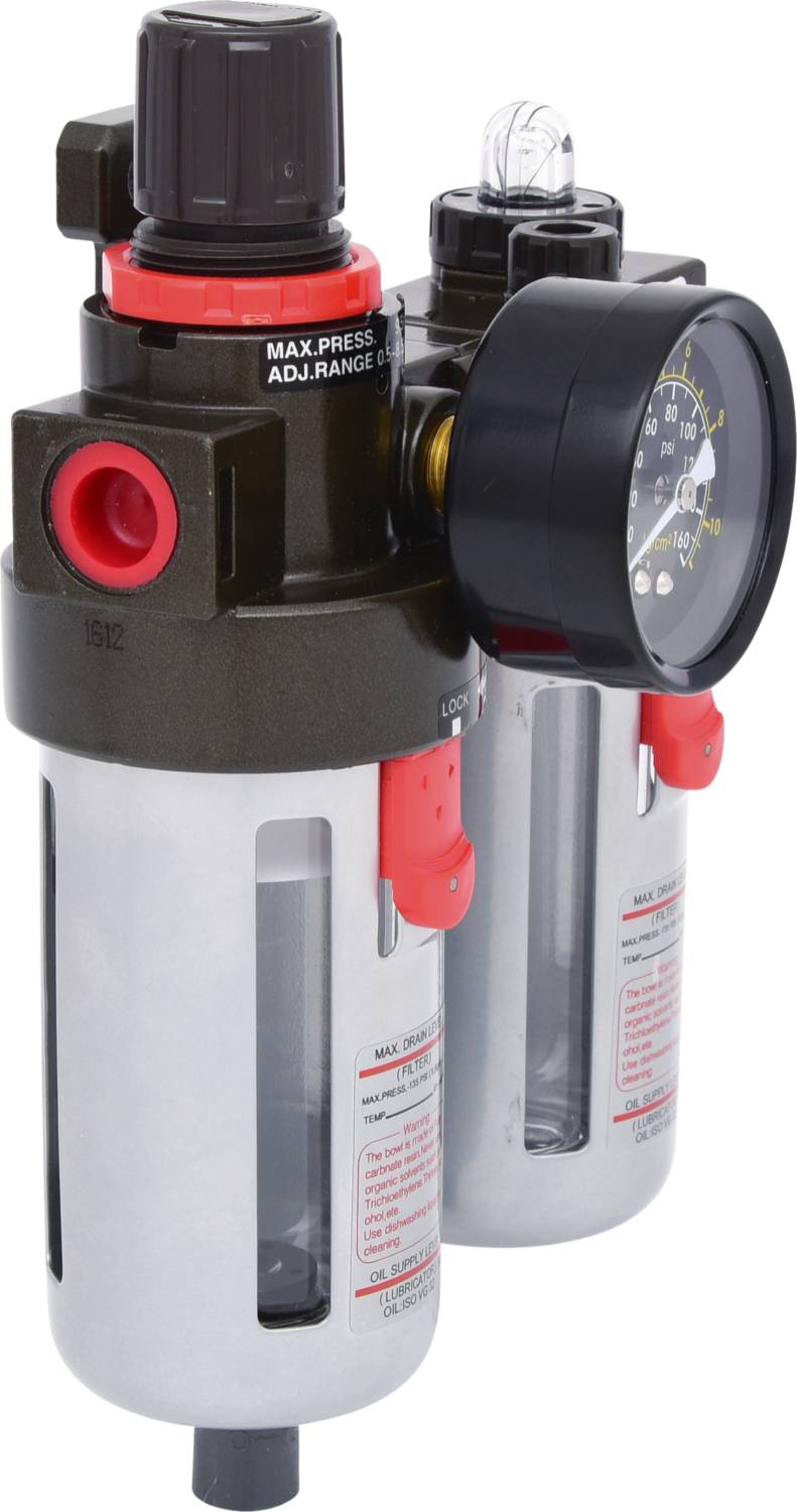 Zweifacher Luftdruckregler mit Manometer und Kunststoffbehältern.