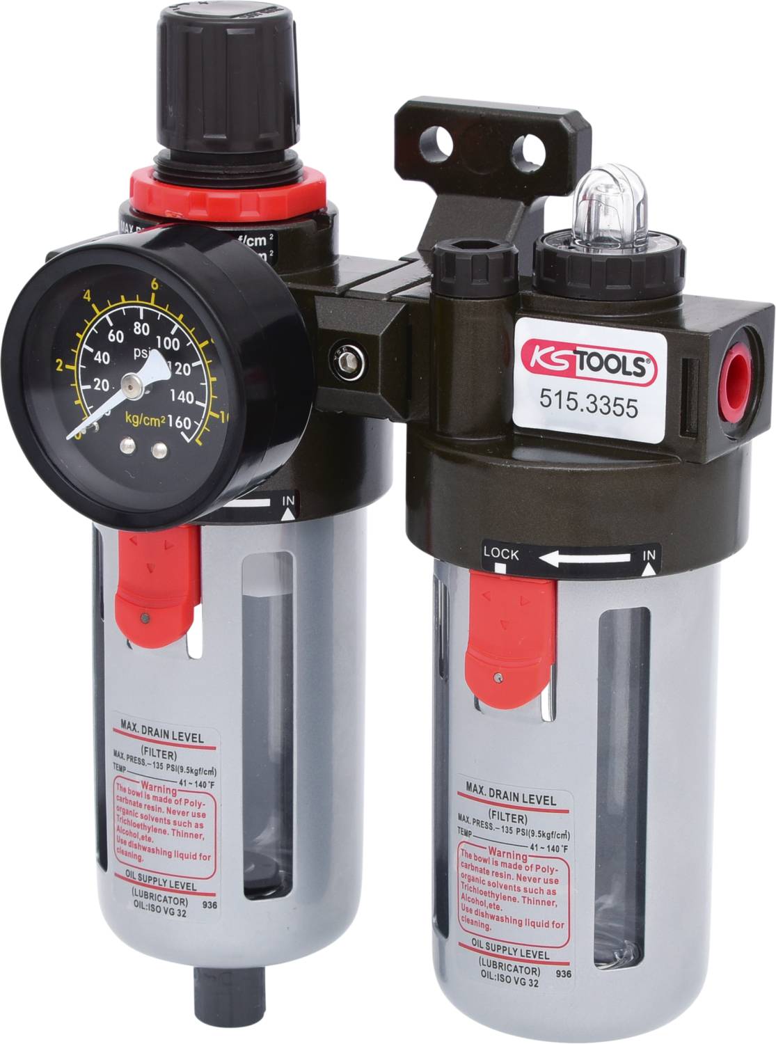 Druckluft-Wartungseinheit mit Manometer, Regler und Öl-Nebler. Marke: KS Tools. Messskala ist gut lesbar, Artikelnummer: 515.3355.