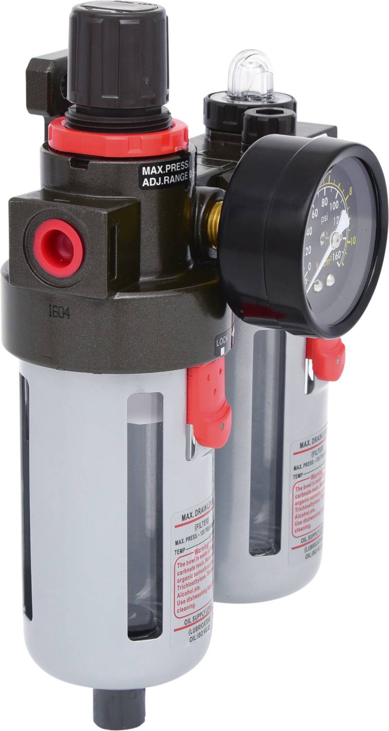 Luftdruckregler mit Manometer und roten Ventilen zur Einstellung des Drucks in pneumatischen Systemen.