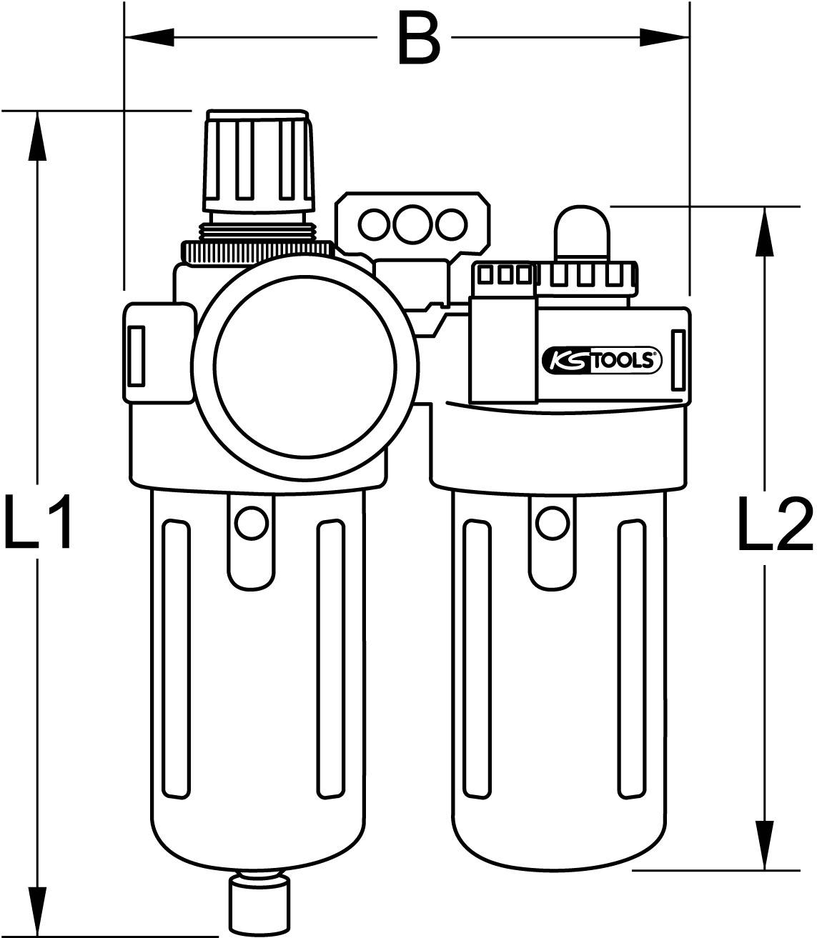 Eine technische Zeichnung eines zweifachen Druckluftfiltersystems mit den Höhenmaßen L1 und L2 und der Breite B.