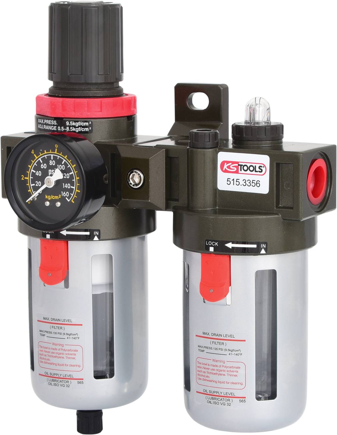 Druckluft Wartungseinheit mit Manometer, Regler und Filter. Misst in bar und psi. Zwei zylindrische Behälter mit roten Ventilen.