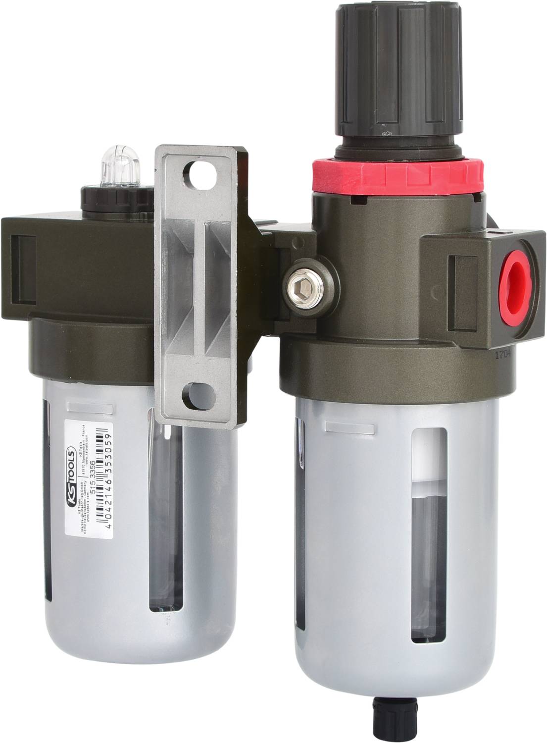 Ein doppeltes Druckluft-Regelventil mit Manometer und zwei zylindrischen Gehäusen. Es wird verwendet, um den Luftdruck zu steuern.
