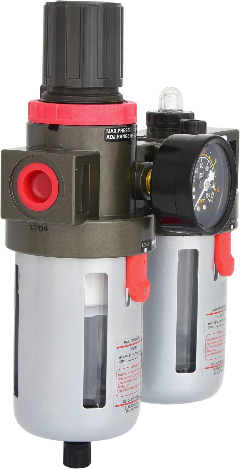 Ein Druckluftfilter-Regler mit integriertem Manometer. Zeigt den maximal einstellbaren Druck in Bar an. Geeignet zur Druckregelung.