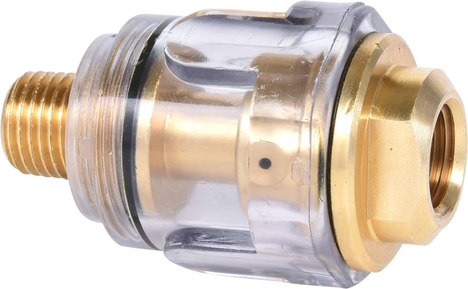 Ein transparenter, zylindrischer Adapter mit goldenem Gewinde und Verschluss, geeignet für Wasser- oder Gasanschlüsse.