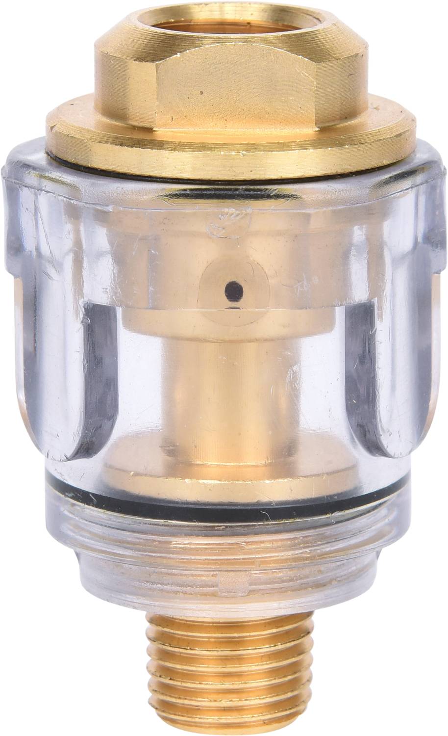 Metallischer Druckluftfilter mit durchsichtigem Gehäuse zur Überwachung des Luftdurchsatzes und Schutz der Ausrüstung vor Verunreinigungen.