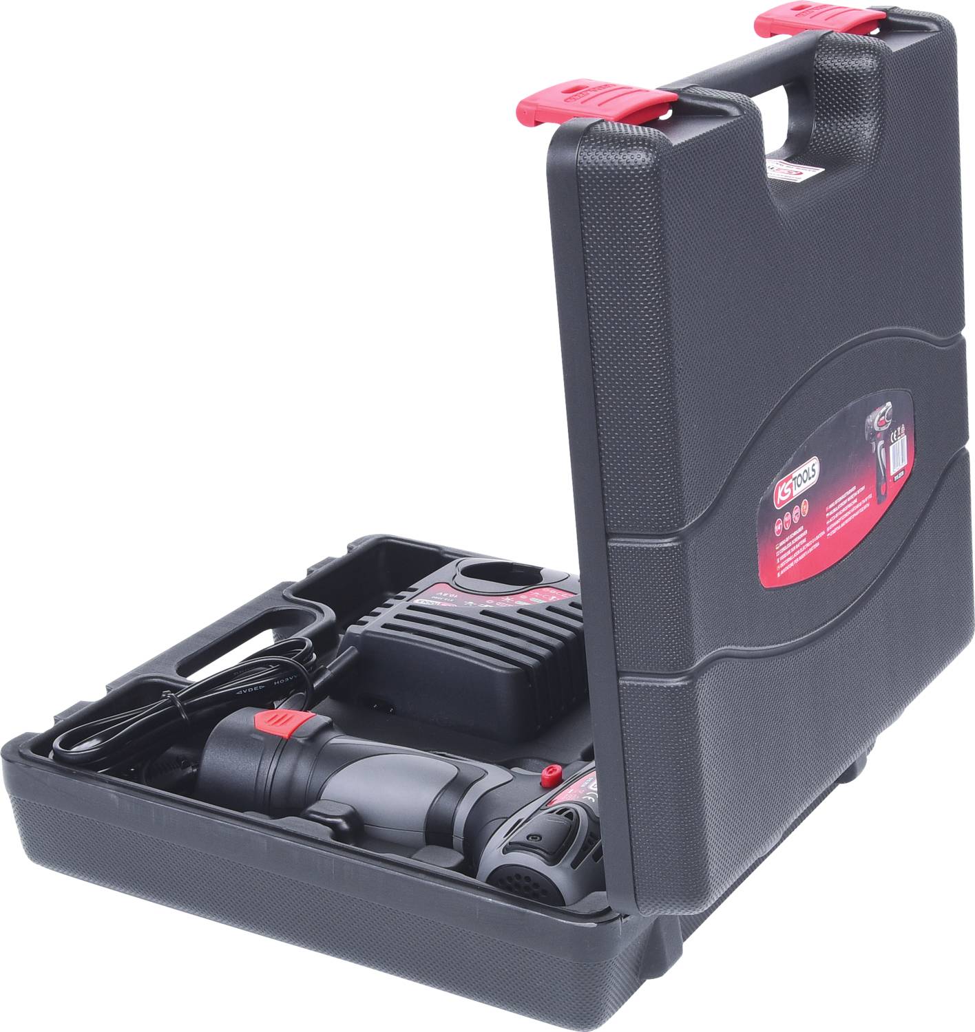 Schwarzer Kunststoffkoffer mit Elektro-Schrauber, Ladegerät und Kabel. Geeignet für Heimwerkerprojekte.