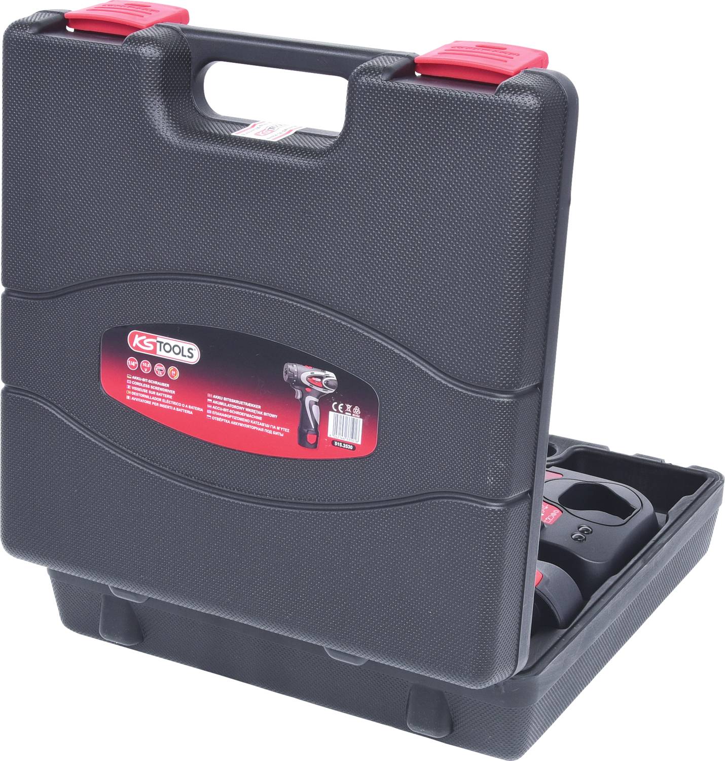 Schwarzer Werkzeugkoffer mit rotem Griff, teilweise geöffnet, zeigt den Inhalt eines Werkzeugsatzes. KS Tools-Logo sichtbar auf dem Koffer.