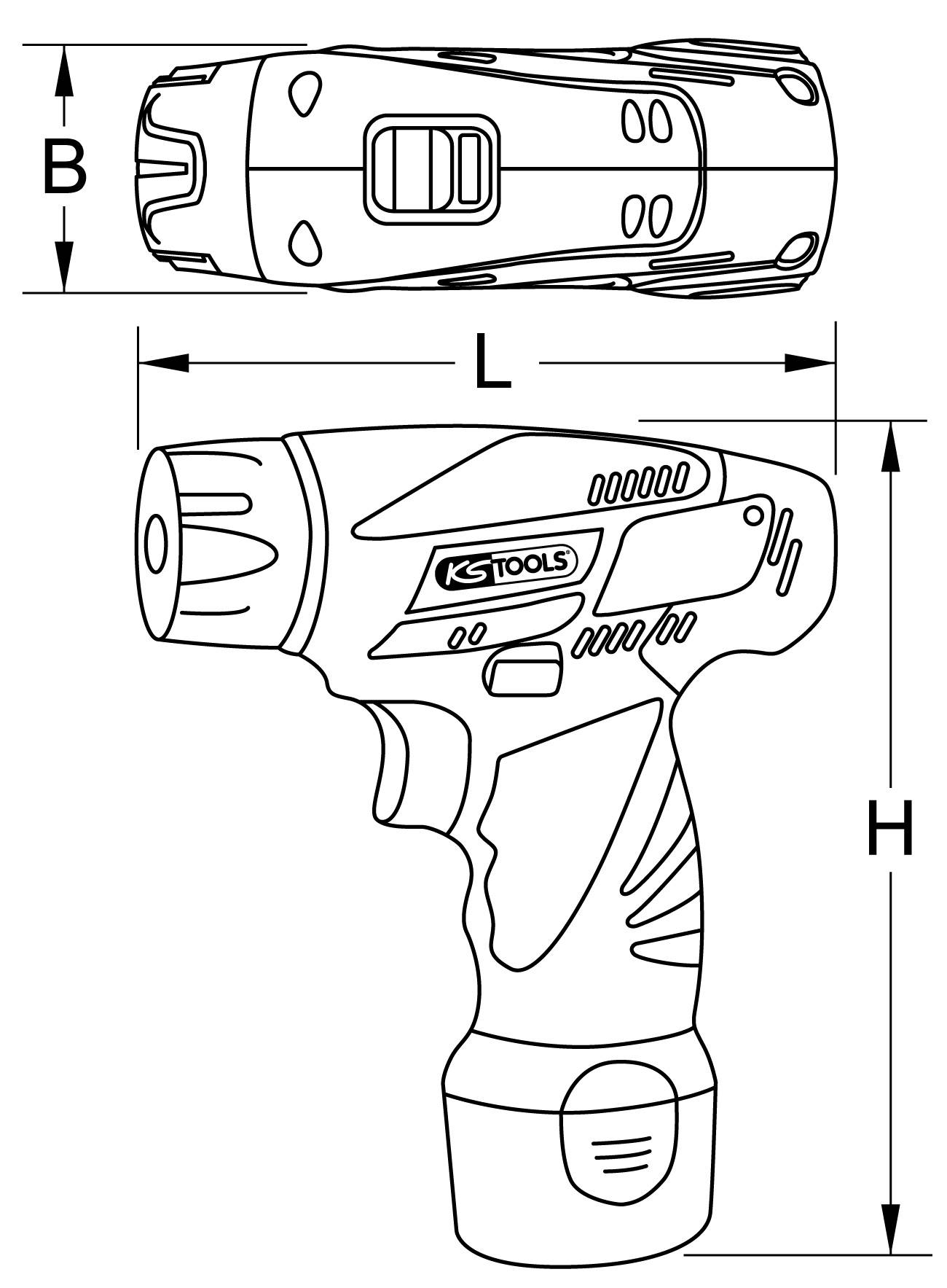 Akkuschrauber-Skizze mit seitlicher und oberer Ansicht. Maße: Länge (L), Höhe (H), Breite (B). Markierung 'KS Tools' auf dem Gerät.