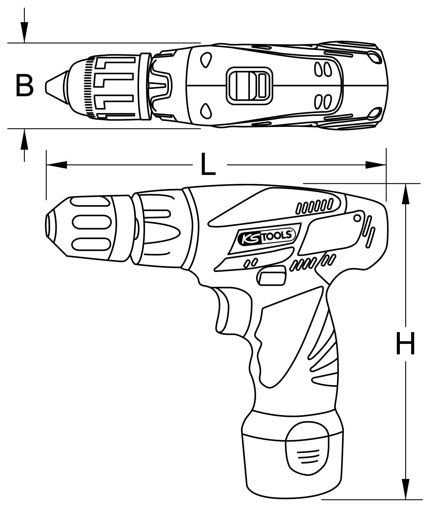 Technische Zeichnung eines Akkuschraubers mit Seitenansicht und Draufsicht. Maße B, H und L sind angegeben.