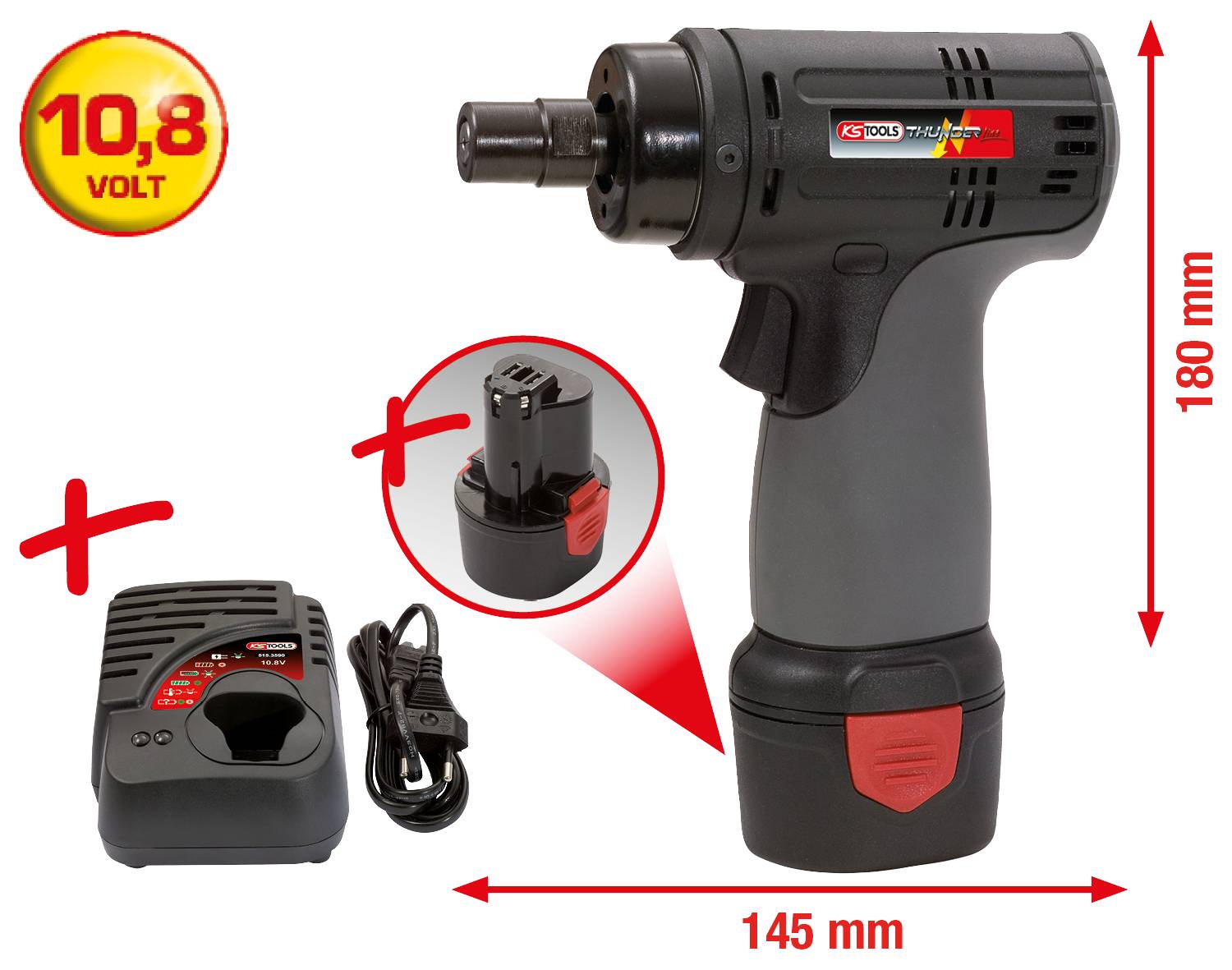 Akkubohrschrauber mit Ladegerät und Akkumulator, 10,8 Volt, Abmessungen: 180 mm hoch, 145 mm lang. Ladeeinheit inklusive Kabel.