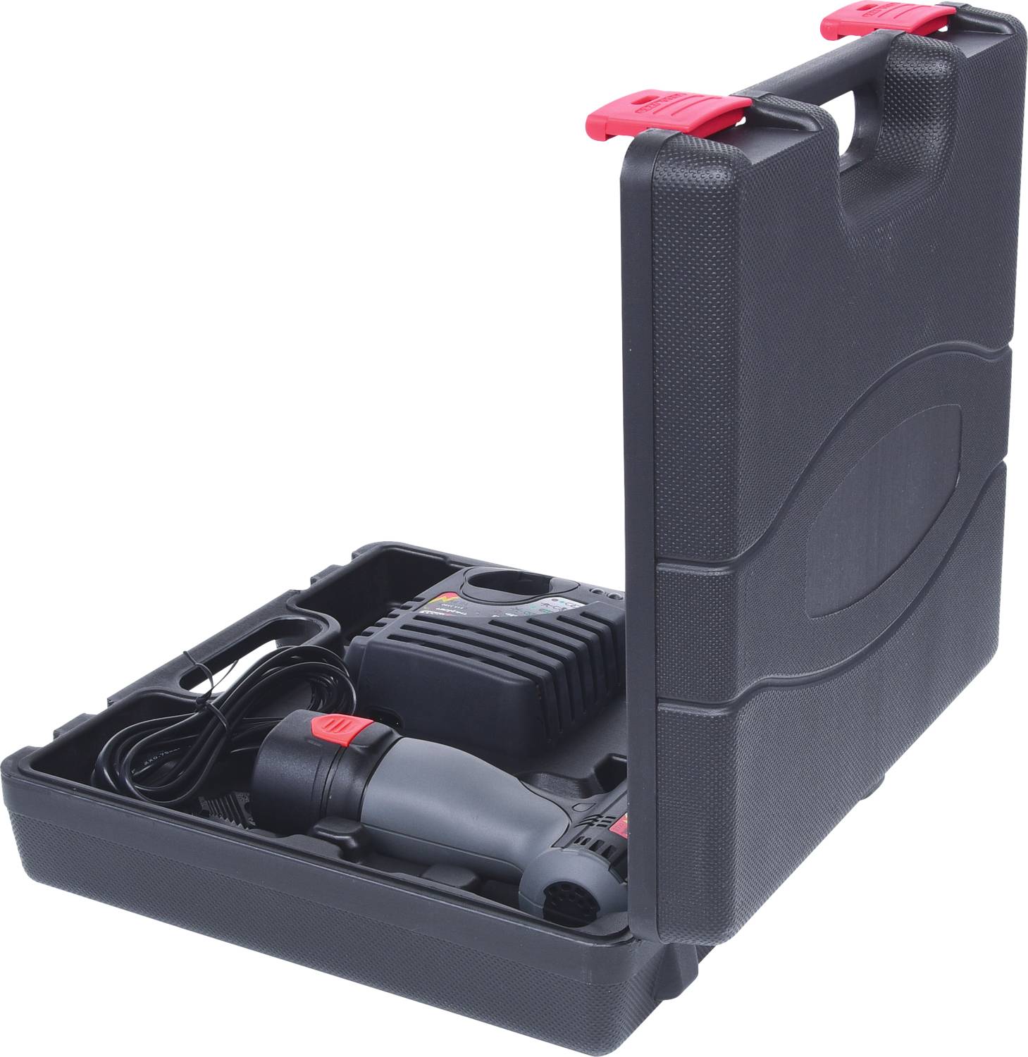 Ein schwarzer Werkzeugkoffer mit rotem Verschluss, der einen elektrischen Winkelschleifer und Zubehör enthält.