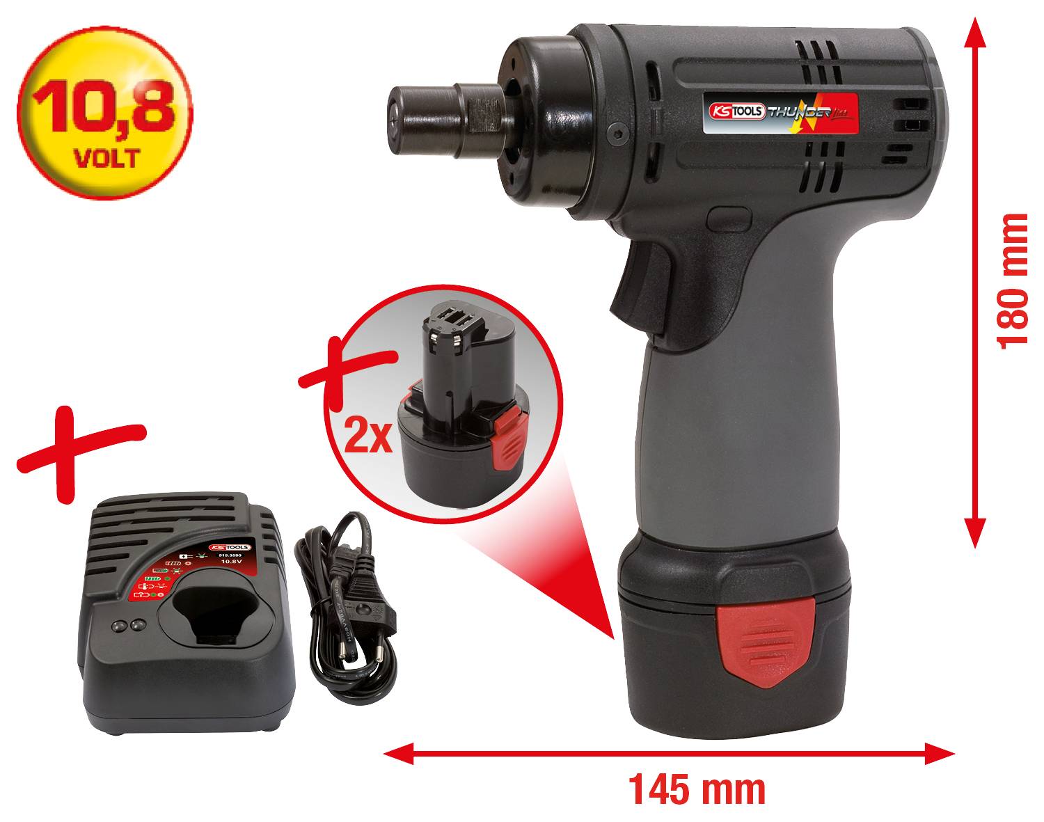 Akkuschrauber mit 10,8 Volt. Enthält Ladestation und zwei Akkus. Maße: 180 mm hoch, 145 mm breit.