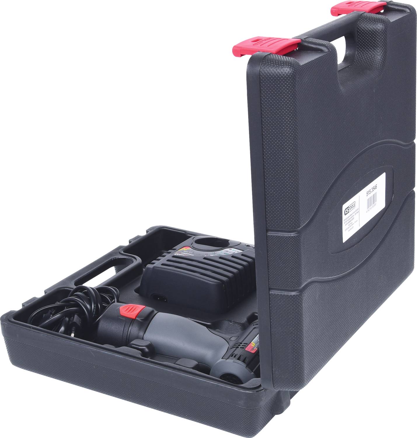 Ein schwarzer Werkzeugkoffer mit rotem Verschluss enthält eine elektrische Handbohrmaschine und Zubehör.