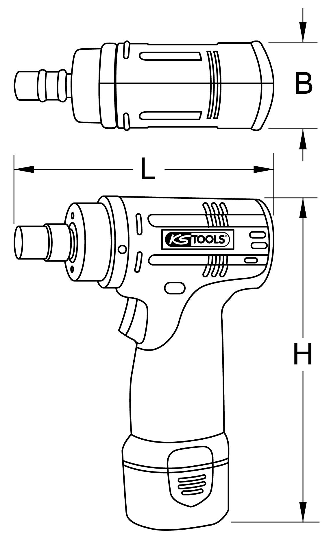 Abbildung einer technischen Zeichnung eines Druckluft-Schlagschraubers mit Markierungen für Länge (L), Höhe (H) und Breite (B).
