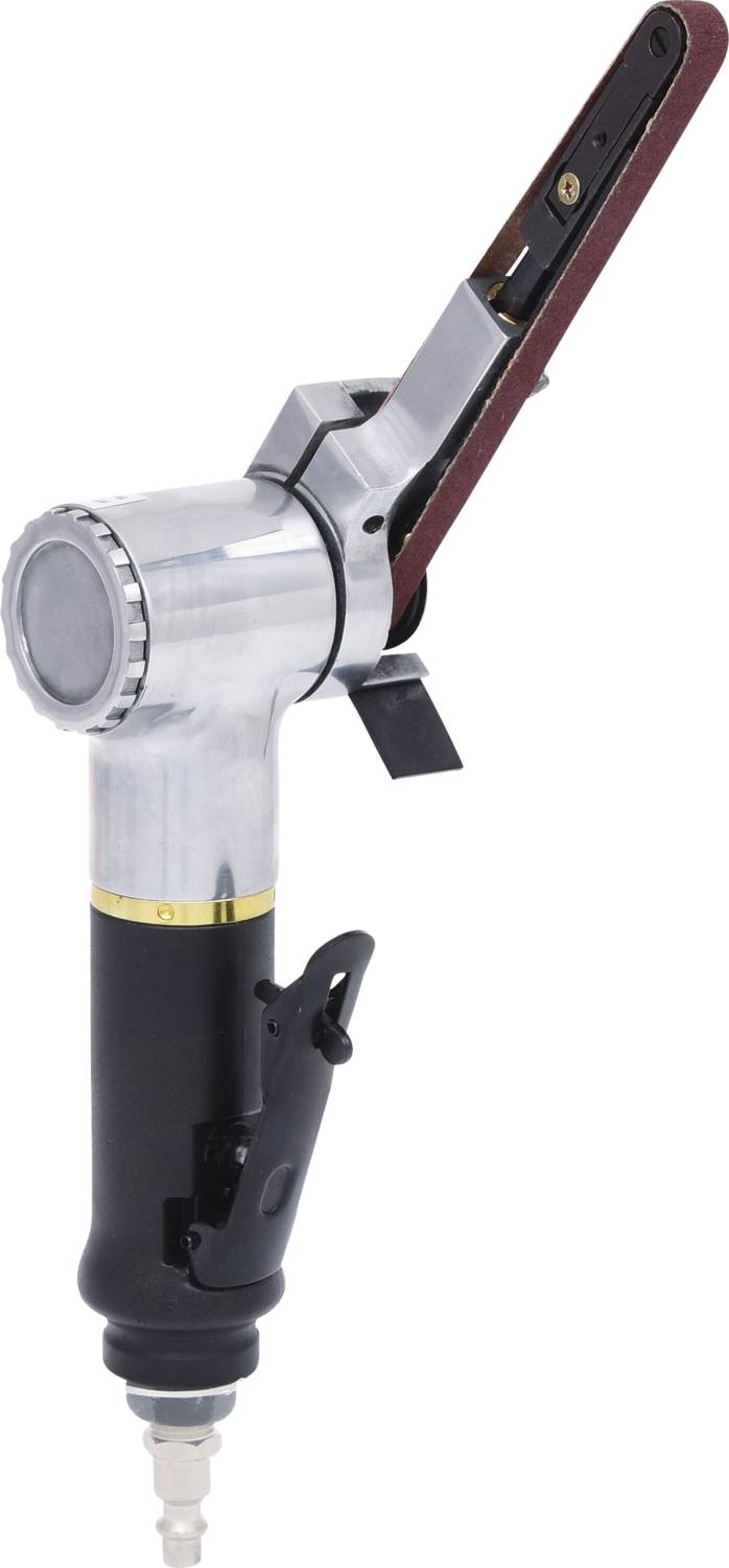 Luftbetriebener Bandschleifer mit schmalem Schleifband, ergonomischem Griff und Metallgehäuse, geeignet für präzise Schleifarbeiten.