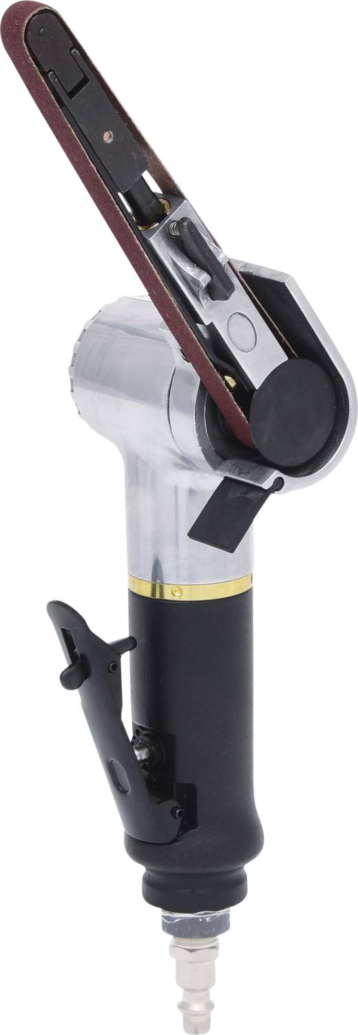 Ein handliches, leistungsstarkes pneumatisches Werkzeug mit Schleifband, geeignet zum Schleifen von Metalloberflächen in Werkstätten.