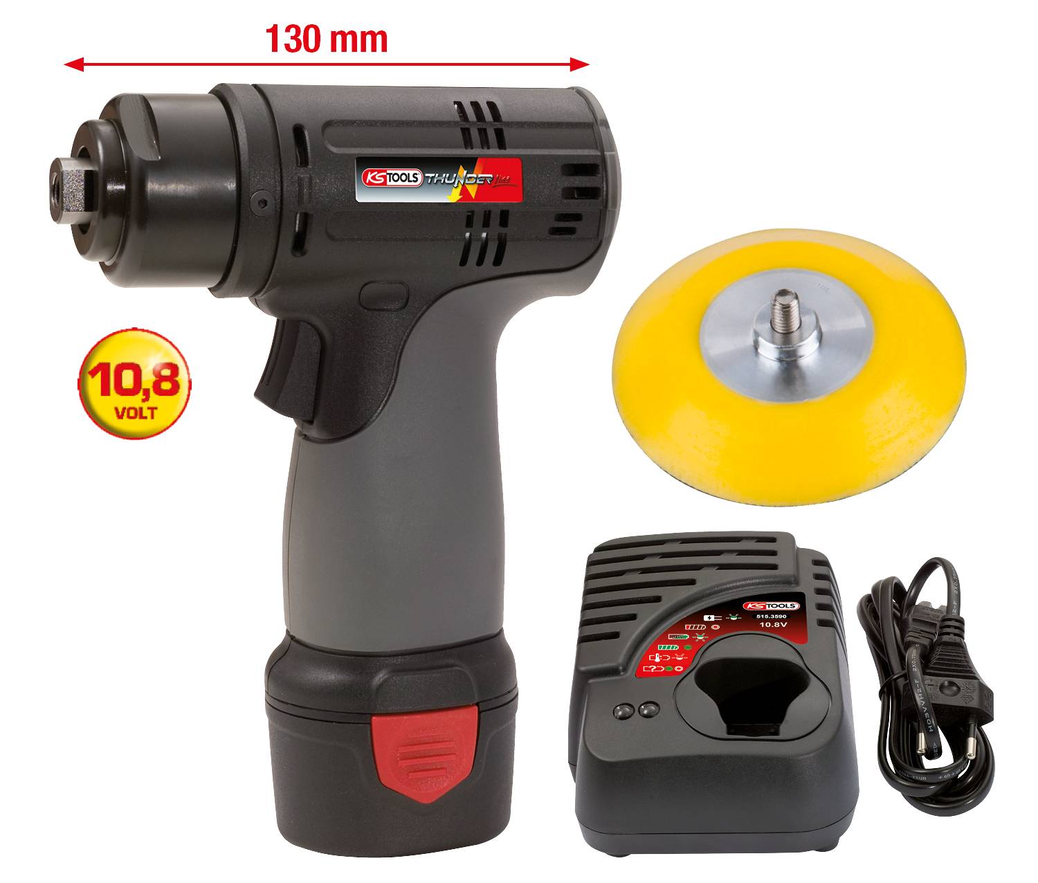 Akku-Polierer Set: Kompaktes, graues Gerät mit 10,8 Volt. Enthält Ladegerät, Stromkabel und gelben Polierteller. Länge: 130 mm.