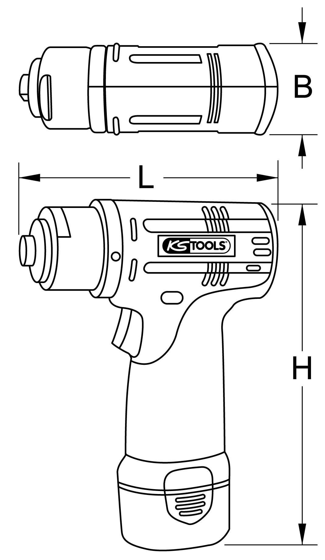 Abbildung eines Schraubendrehers von KG Tools mit Maßen: Länge (L), Höhe (H) und Breite (B) sind eingezeichnet.